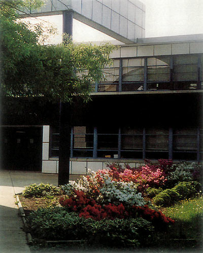 Thomas Jefferson High School 
for Science and Technology, main entrance with azaleas and hostas.