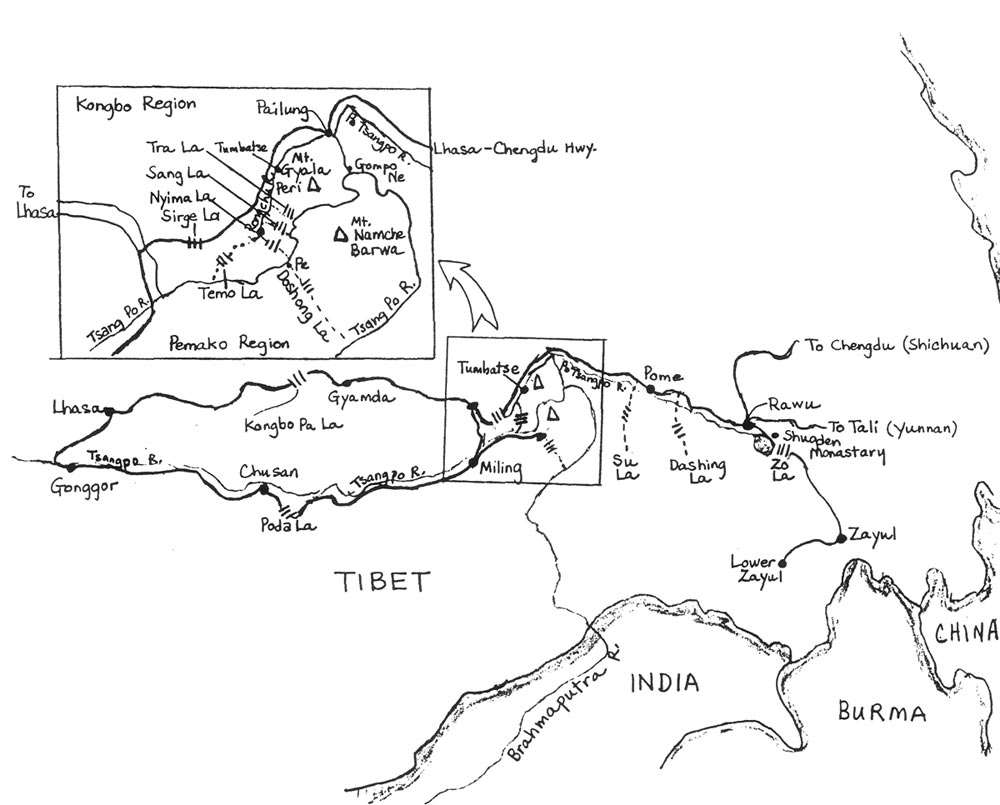 Map of Tibet showing the route 
of the 1997 plant exploration party.