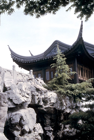 Upturned roof and elaborately eroded stone 
from Lake Tai Hu.