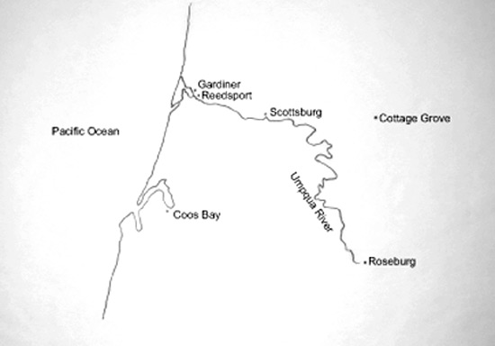 Map showing the towns 
along the Umpqua River in western Oregon.