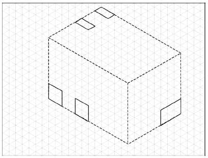 The 3-D isometric box with the lines that were visable and coplanar from problem 2 outlined.