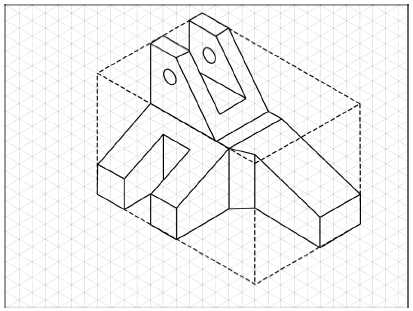 The faces of the isometric box that are coplaner, the planar normals, the inclined surfaces, oblique planes, and negative geometry (such as holes) are drawn with the rest of the box cut away.