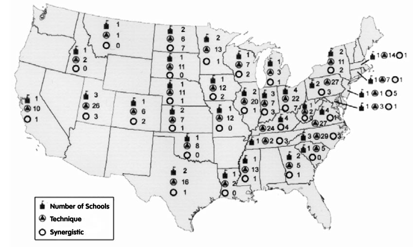 Map of the United States depicting the 'Geographic distribution, by state, of design courses among teacher education programs'