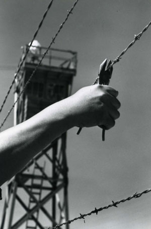 Photograph of a Watch Tower in the distance, a bit blurred.  In the foreground is a clear shot of 4 rows of barbed-wire, and an arm and hand holding wire cutters fixed on the wired, preparing to cut one.