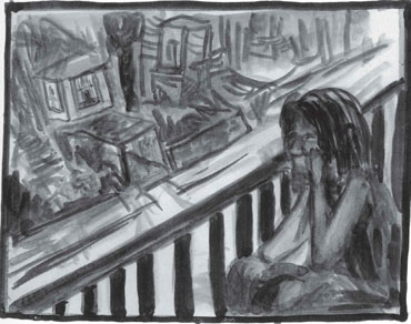 Illustration by Lynda Barry of Edna overlooking a street