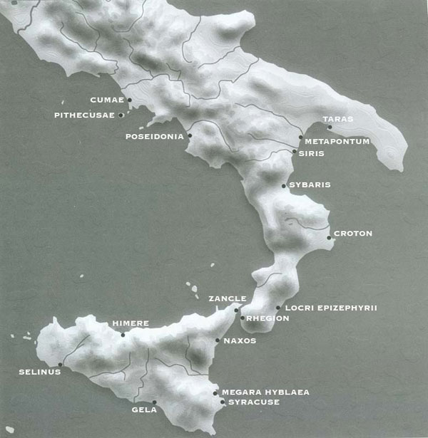 Figure 1: Map of Southern Italy showing the colonies established by the 7th century BC.