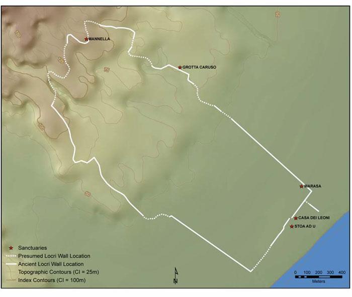 Figure 2: Topographic map of Locri Epizephyrii showing the city walls and the locations of the sanctuaries where Aphrodite was worshipped.