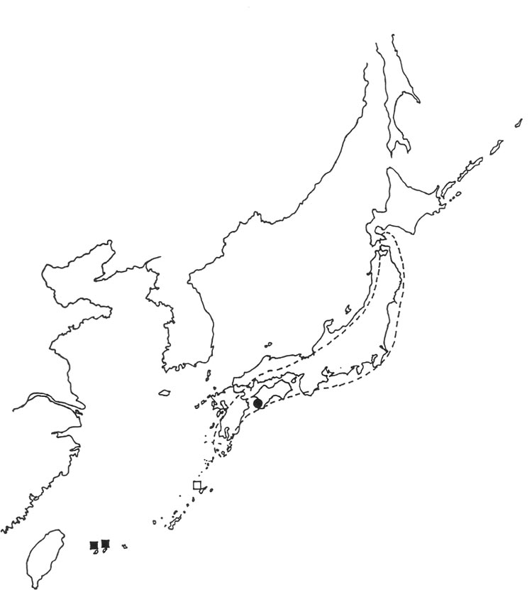 The distribution of R. uwaense,
R. latoucheae, R. moulmainense and R. semibarbatum in Japan.