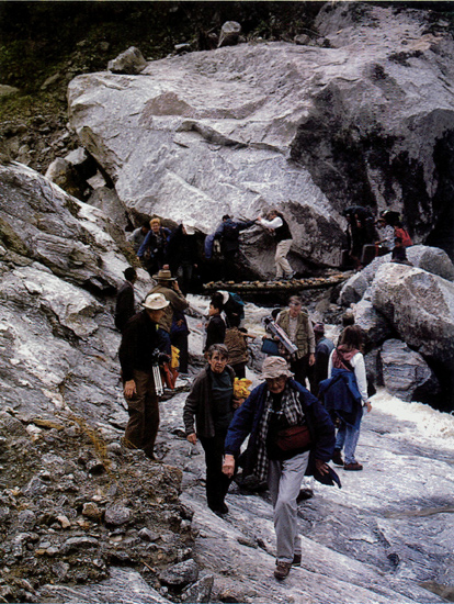 Sikkim 2000 Group make it across a
log bridge in North Sikkim. 
