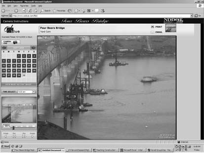 Oxblue Corporation’s Job Camera interface with photo of bridge piers and barges