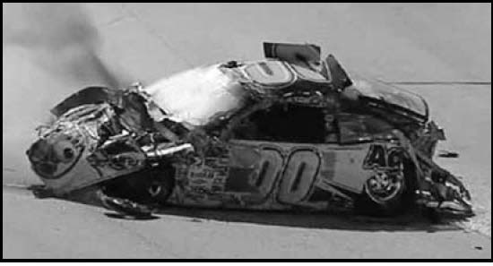 A photo of the damaged speed racing car of Michael McDowell.
