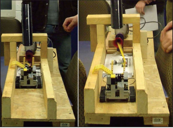 Photos showing LEGO Mindstorms equipment being utilized for a Rube Goldberg mechanism for sharpening pencils.