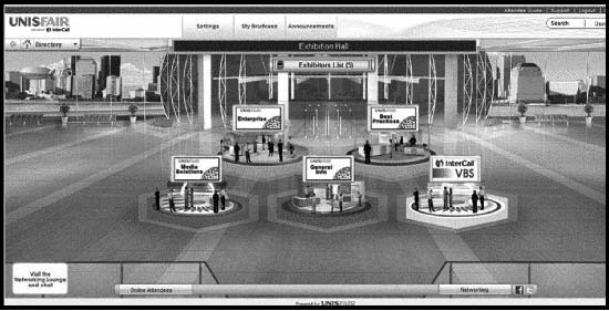 An image of an exhibit hall at a virtual conference.