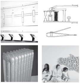 Examples of flat-pack designs.  Figure 6 is a coat rack, 7 is a nail clipper, 8 is a redesigned wall mounted electric radiator, 9 is a conventional radiator.
