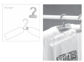 Pictures of clothes hangers made from reuseable plastic bottles.