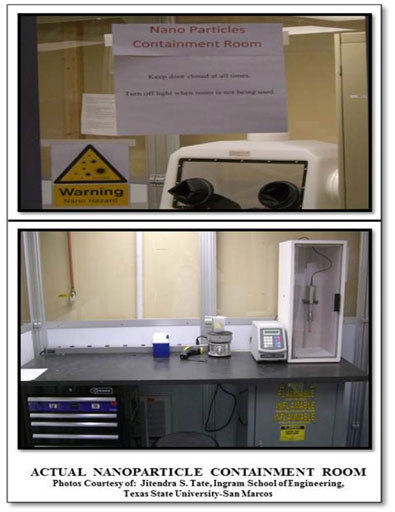 Figure 3. Depictions of an actual Nanoparticle Containment Room in a physical world. Actual Nanoparticle containment room. Photos courtesy of Jitendra S. Tate, Texas State University, San Marcos.