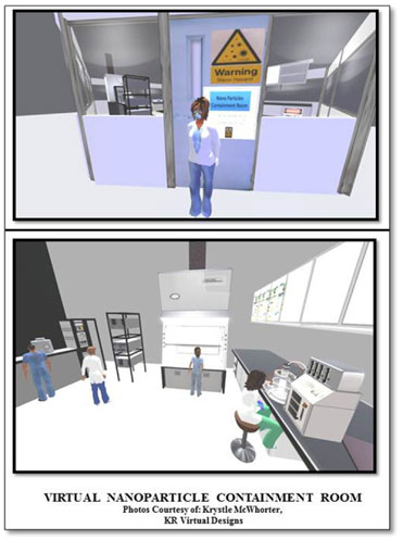 Depictions of virtual nanoparticle containment room. Photos courtesy of Krystle A. McWhorter, KR Virtual Designs.