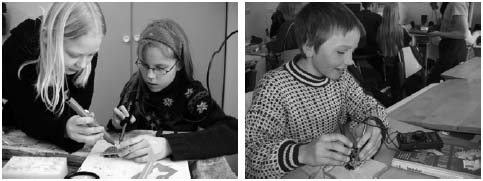 Two images. The image on the left is of two little girls working closely on a project board. The image on the right is of a little boy testing a project board.