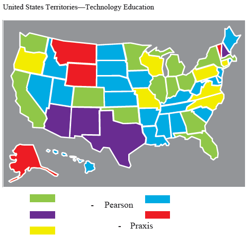 Figure 2. Teacher certification assessment brand distribution. Territories include
the following: District of Columbia, Guam, and the U.S. Virgin Islands.