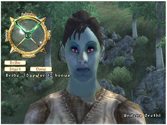 Screenshot of The Elder Scrolls IV: Oblivion by Bethesda Softworks.  The image is of a customizable character from the game which is female with green skin, brown hair and red eyes. To the left of the character is the actions menu.