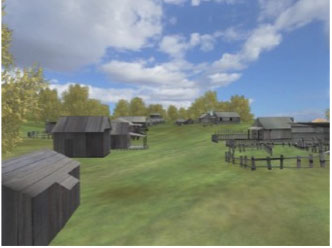 An archaeological visualization of a 19th Century mining town with real-time rendering. The image features an open field with a tree line on the left.  there are small houses of wood dotting the field and a fenced-in area paddock on the right.