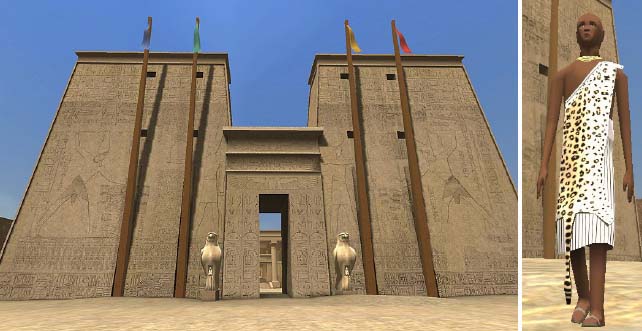 Two images, the #D rendering of an egyptian temple on the left and the 3D rendering of an Egyptian High Priest on the right.
